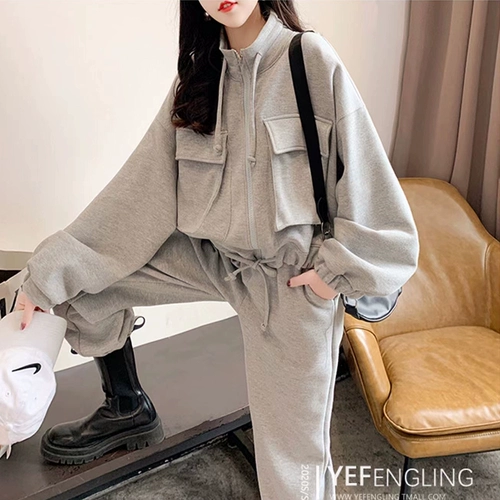 Куртка с молнией, комплект, лонгслив, комбинезон, тонкие штаны для отдыха