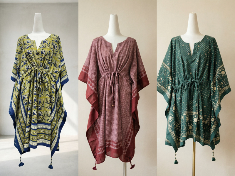 Anokhi Indian Long-Staple Cotton Hand-Printed Plant-Dyed Short Robe in Stock Domestically