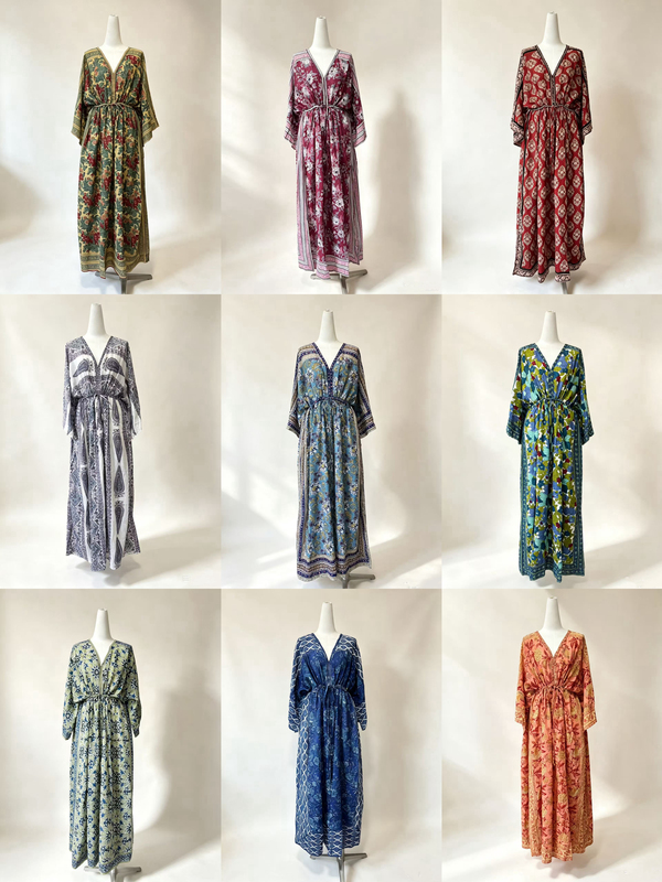 Indian Dori Indian Long-Staple Cotton Hand-Printed Plant-Dyed V-Neck Long Dress with Sleeves, In-Stock in China