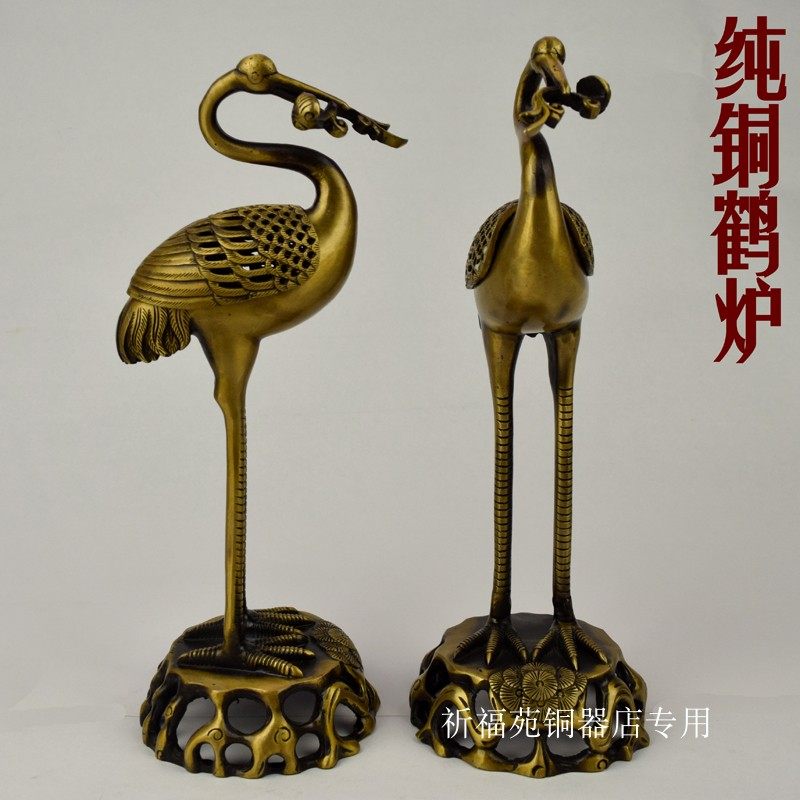 Pure Copper Crane Incense Stove Small Number High Fairy Crane Furnace Taming Special Brass Antique Lavender Oven Book Room Living-room Pendulum cranes