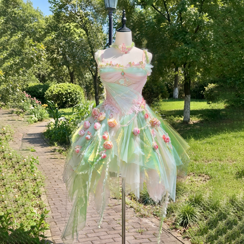 Original Design Pink and Green Mint Gradient Fine Glitter Artificial Flower Atmosphere Girl Photo Shoot Outfit Fairy Princess Set