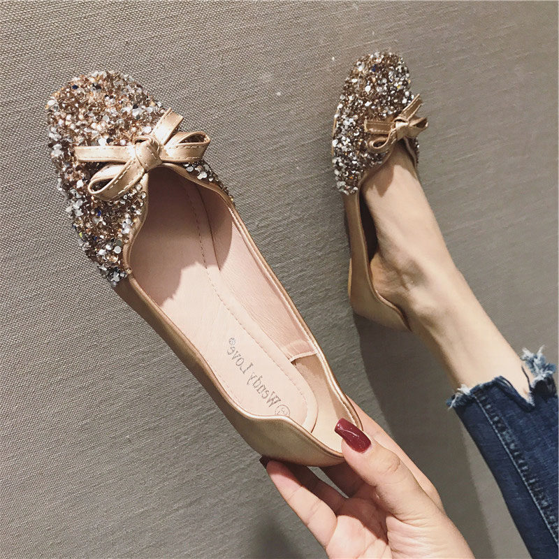 Hong Kong flat single shoes women's 2023 summer new soft bottom bowknot shallow mouth square toe large size peas shoes women's all-match