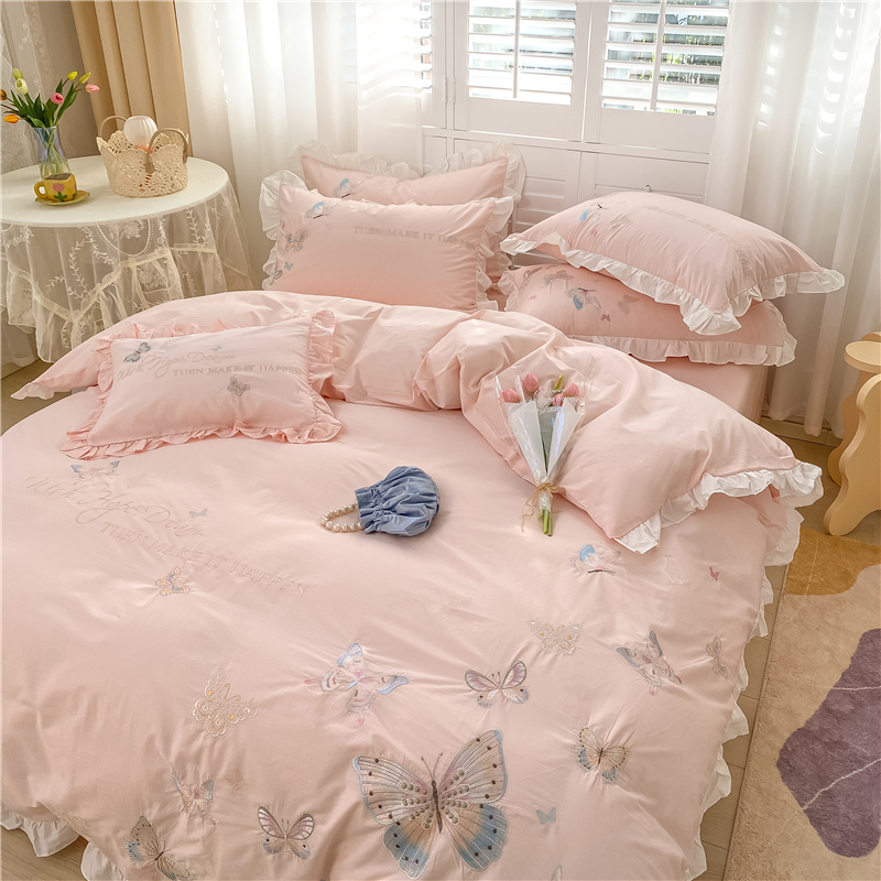 Net red explosion all cotton 100 washed cotton four sets of girl bed Bedding Delicately Embroidered Quilt Cover Pure Cotton Four Seasons 4