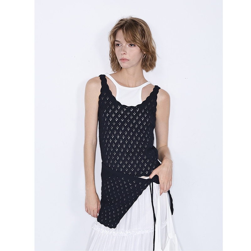 Old Money Style Linen Hollow-Out Sleeveless Tie-Up Vest Top, New Summer Pullover Layered Knit Sweater Vest