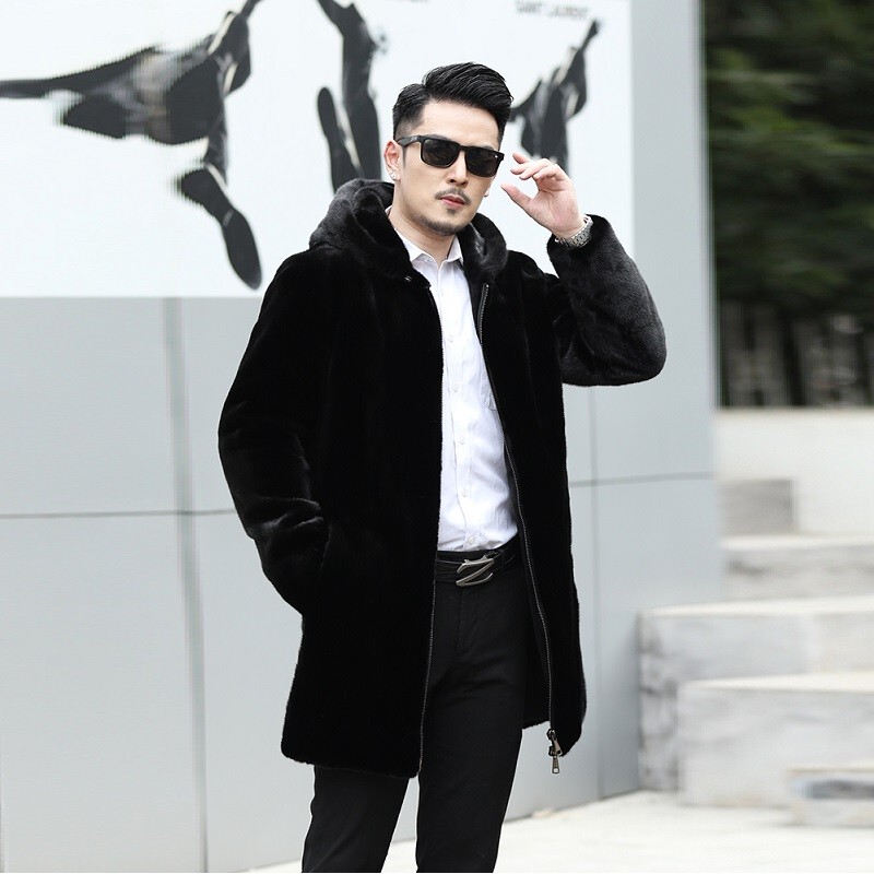 American Baojiaimei Mink Fur Coat for Men, Long Mink Fur Coat, Whole Mink Men's Clothing, Hooded Real Mink Fur Integrated