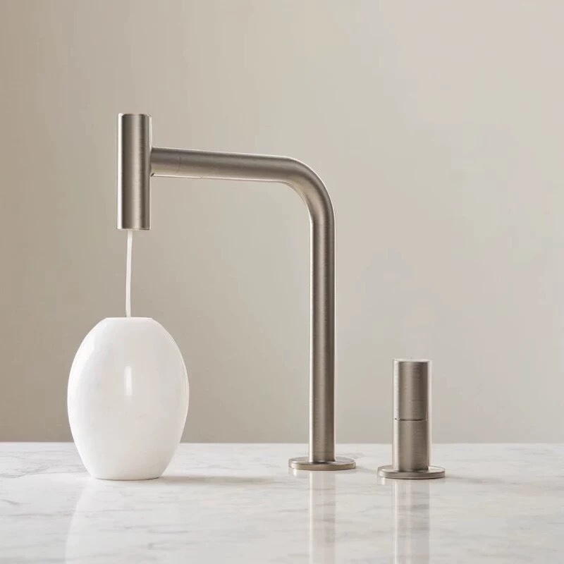 Italian Island-Style Dual-Hole Pull-Out Hot and Cold Water Faucet, Rotatable, for Full Sink, Brushed Copper Silver Finish