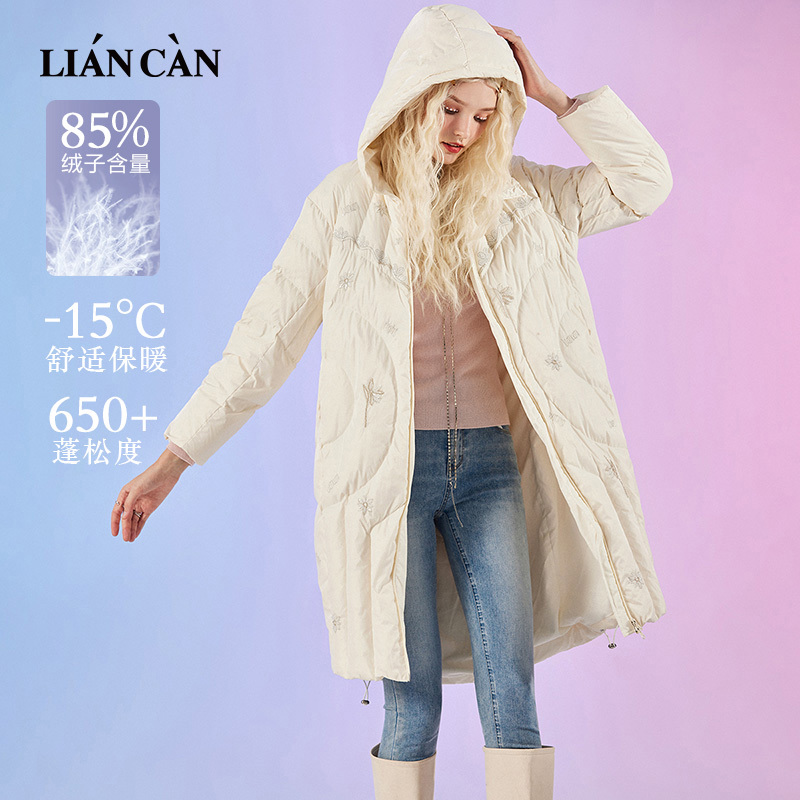 Liancan 2025 Winter New Mall Same Style Bohemian White Duck down Embroidered Hooded Mid-Length down Jacket