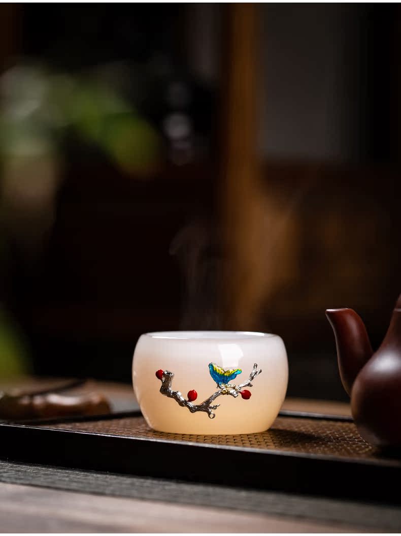 Public remit noggin suet jade white jade porcelain kung fu master cup single CPU coloured glaze female glass tea set sample tea cup