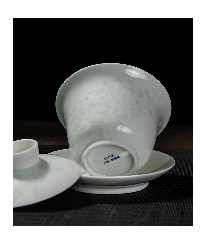 Three only shadow left up green tureen tea bowl large kung fu tea tea cup of jingdezhen ceramic manual its