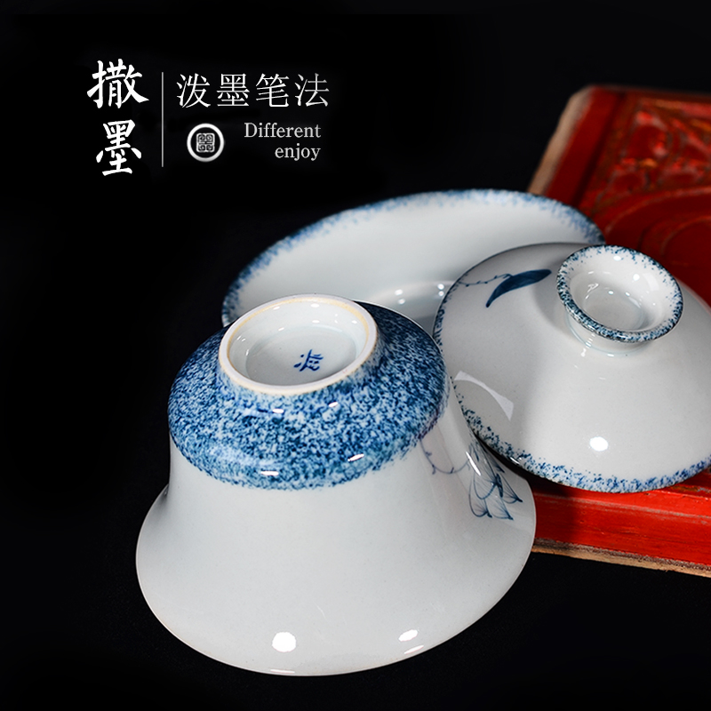 Jingdezhen hand - made tureen of blue and white porcelain ceramic only three cups of tea bowl of ancient porcelain cups retro kung fu tea set