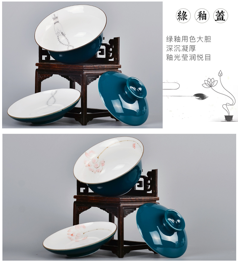 Yonglihui gốm vẽ tay bìa bát ba lon trà bát đơn kungfu tôn trọng tách trà Jingdezhen bộ trà trắng sứ - Trà sứ bộ pha trà