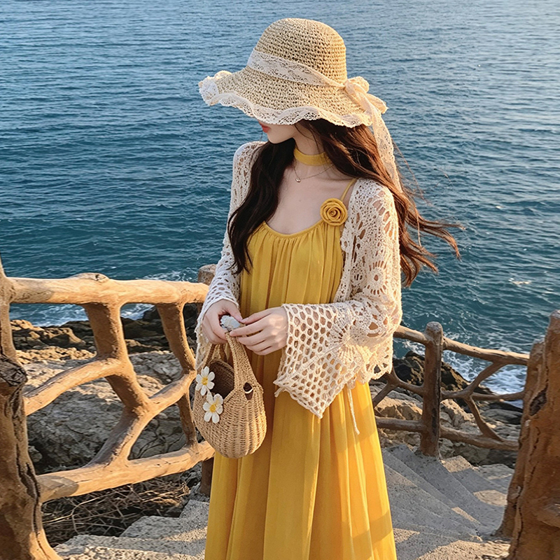 Bohemian Hollow Crochet Knit Cardigan for Women, Summer Slip Dress Outerwear, Shawl with Bell Sleeves, Sun Protection Cover-Up, Thin