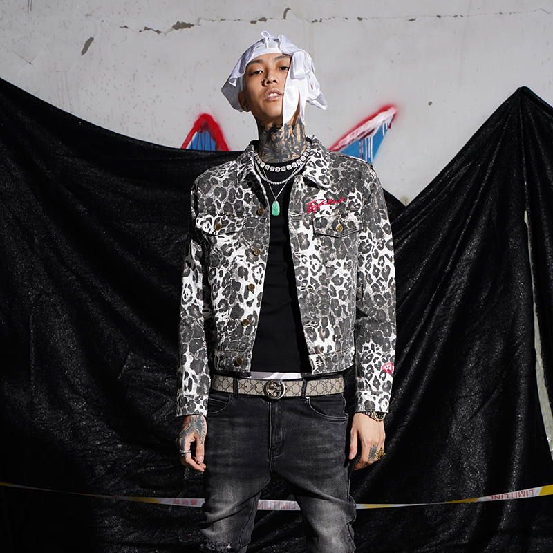 Tgfclub 223 American Street Hip-Hop Digital All-Over Leopard Print Logo Slim-Fit Workwear Denim Jacket