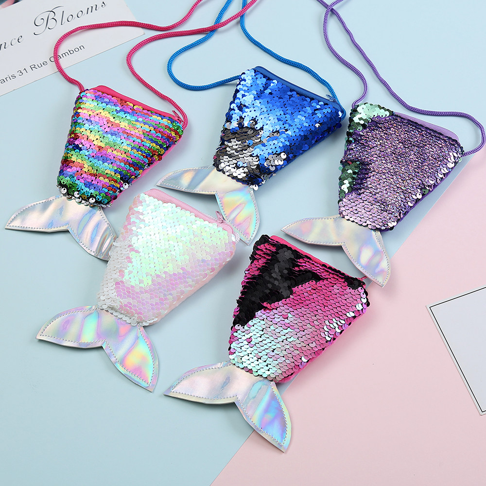 Creative children's sequin coin purse little girl messenger fish tail cartoon wallet ins girl cute shoulder bag