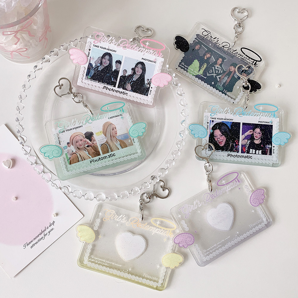 Girlish Angel Wings Horizontal Transparent Pendant Card Holder for Idol Fans, 3-inch Small Card Display Card Holder, Student Meal Card Holder