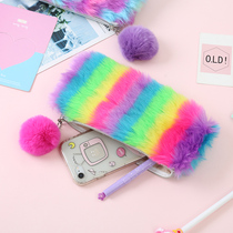 2020 new rainbow color plush hand grab bag ins student girl plush pen bag Han version cute sweater bag