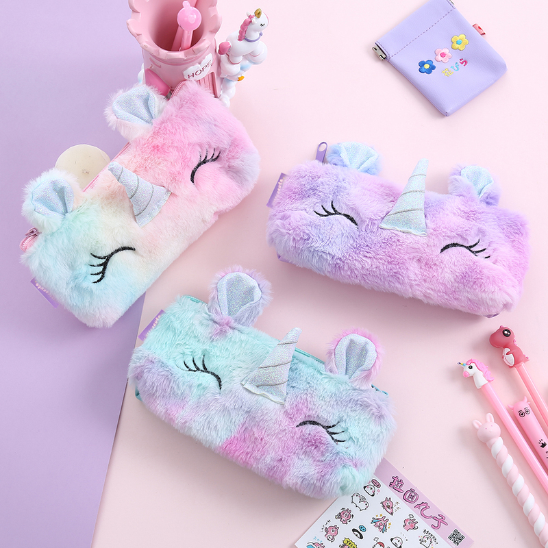 Unicorn Winter Plush Pencil Case Unicorn Cartoon Girl Student Stationery Storage Bag Pencil Bag Mobile Phone Bag