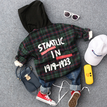 Autumn new childrens hooded mid-length long-sleeved plaid printed shirt boys and girls baby jacket tide