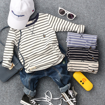 Autumn new childrens striped pocket printing long-sleeved boys  casual pullover T-shirt baby wild top