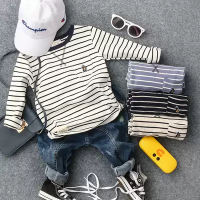 Autumn new children's striped pocket printing long-sleeved boys ' casual pullover T-shirt baby wild top