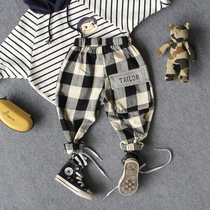 Boys autumn casual pants childrens print pocket comfortable cotton pants baby big plaid closing pants pants tide tide