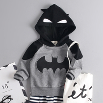 Childrens wild black and gray stitching hoodie autumn trend three-dimensional hood sweater baby pullover long-sleeved terry top