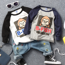 Spring and autumn new childrens monkey print patchwork sleeve T-shirt boys and girls baby 2-color raglan sleeve bottoming shirt tide