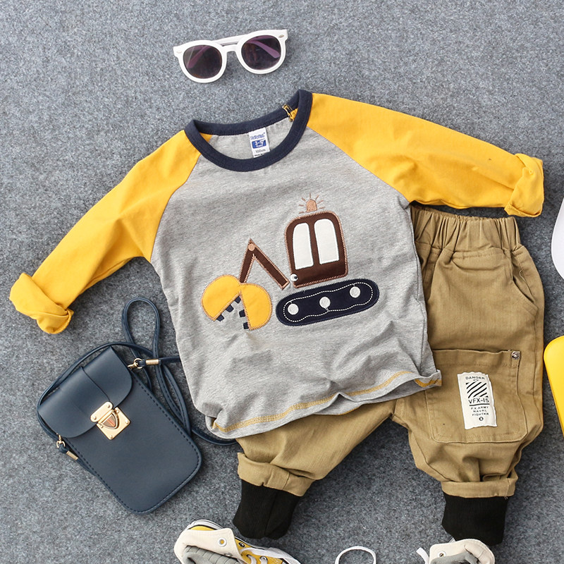 Spring and autumn new children's cartoon excavator long sleeve T-shirt boy girl baby round neck raglan sleeve T-shirt