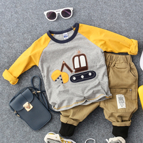 Spring and autumn new childrens cartoon excavator long-sleeved T-shirt boys and girls baby round neck raglan sleeve T-shirt
