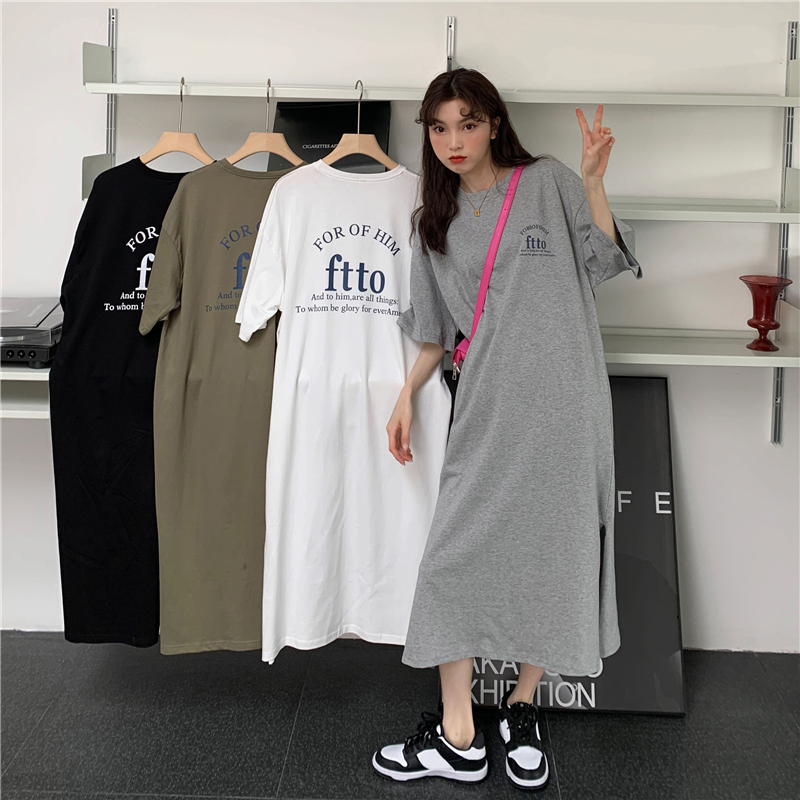 Pajamas for Women, Summer Thin Korean-Style Short-Sleeved Dress, Loose and Flesh-Covering, Can Be Worn Outside, Long Over-The-Knee Slit Nightgown
