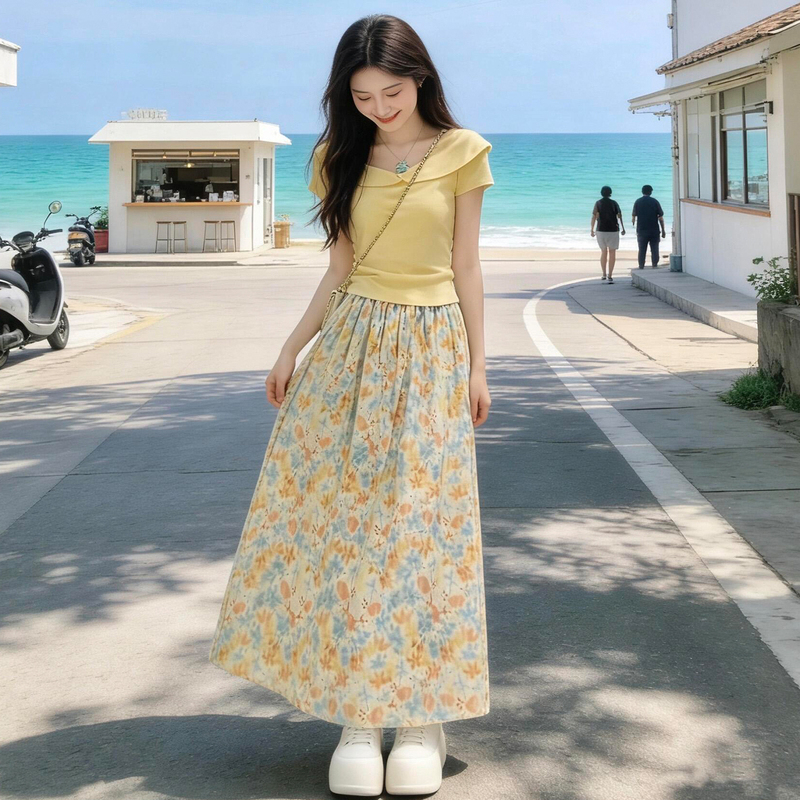 Very Pretty Yellow Floral Dress for Women, Early Summer 2026 New Style, Petite Outfit, Complete Set Long Dress