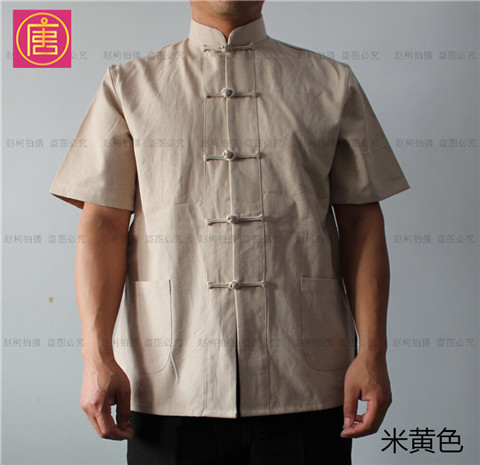 Bộ đồ cotton ngắn tay thô cũ Bộ đồ Tang Bộ đồ nam ngắn tay Bộ đồ tập Taiji quần áo đứng cổ áo Hanfu trang phục dân tộc trang phục dân tộc