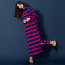 Spicy striped night dress spring and autumn long-sleeved cotton long dress cotton pajamas womens spring and summer long over-the-knee home clothes