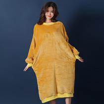 Spicy flannel yellow night dress womens autumn and winter long thickened long-sleeved pajamas loose large size warm winter