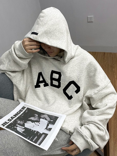 Fog Hooded Sweatshirt for Women, Spring Style, Flocked Letter Print Abc, American High Street Fashion Brand, Loose Fit, Couple's Thick Hoodie
