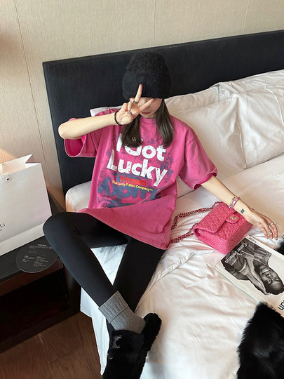 American-Style Heavy-Duty Lucky 777 Letter Print Short-Sleeve High-Street American Washed and Distressed Summer Couple T-Shirt