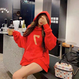 Fog Red Sweatshirt for Women, Spring and Autumn, High Street Fashion Brand, Bf Lazy Style, Number 7 Flocking Print, Thick Couple Hoodie