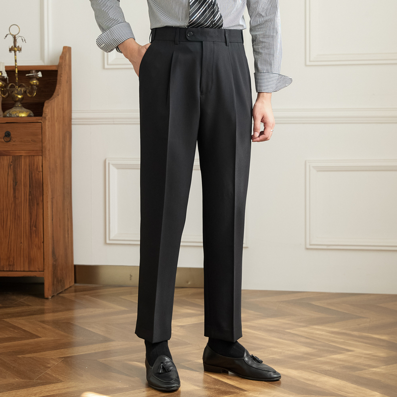 Mr. Lu San's Vintage Elastic Waist Wrinkle-Free Naples Mid-High Waist Dress Pants Business Casual Slim-Fit Casual Pants for Men