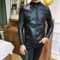 Ông Lu San gay Slim cổ áo dài tay da nam áo khoác xe máy retro nam áo khoác giản dị Han Chao áo khoác jean