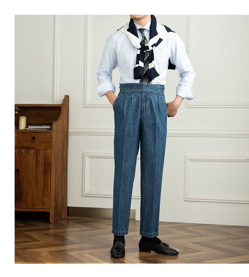 Italian Men's Denim GURKHA Pants Casual High Waist Straight