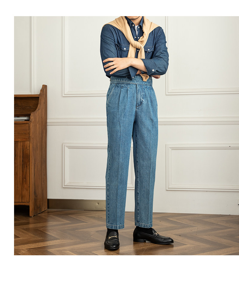 Italian Men's Denim GURKHA Pants Casual High Waist Straight