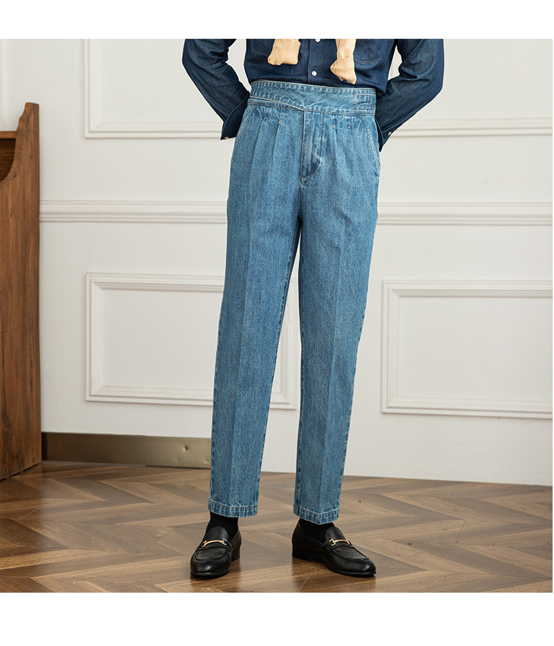 Italian Men's Denim GURKHA Pants Casual High Waist Straight