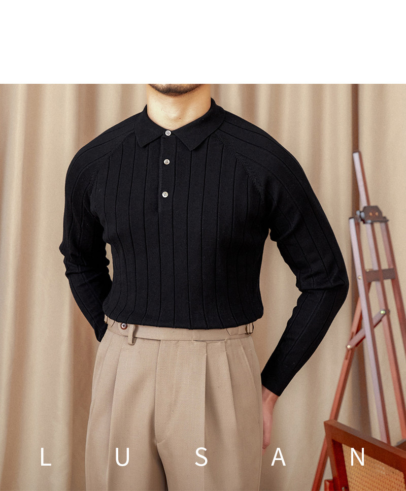 Herbst und Winter Britischer Slim-Fit-Revers-Langarm-POLO-Pullover aus dünner Wolle mit Maulbeerseide für Herren – Detail 31