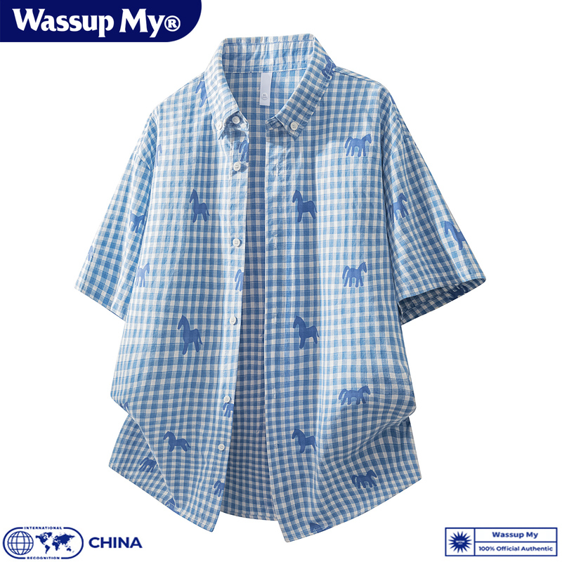 Wassup My American-Style Plaid Pony Print Short-Sleeve Shirt for Men, Summer Loose Fit Versatile Casual Shirt Trendy
