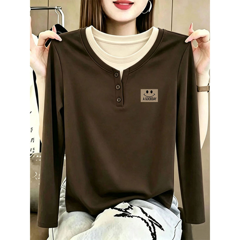2026 American Retro Coffee-Colored Stylish Henry Collar Spring and Autumn Thermal Velvet Printed Outerwear Age-Reducing Fashion Color-Blocking T-Shirt