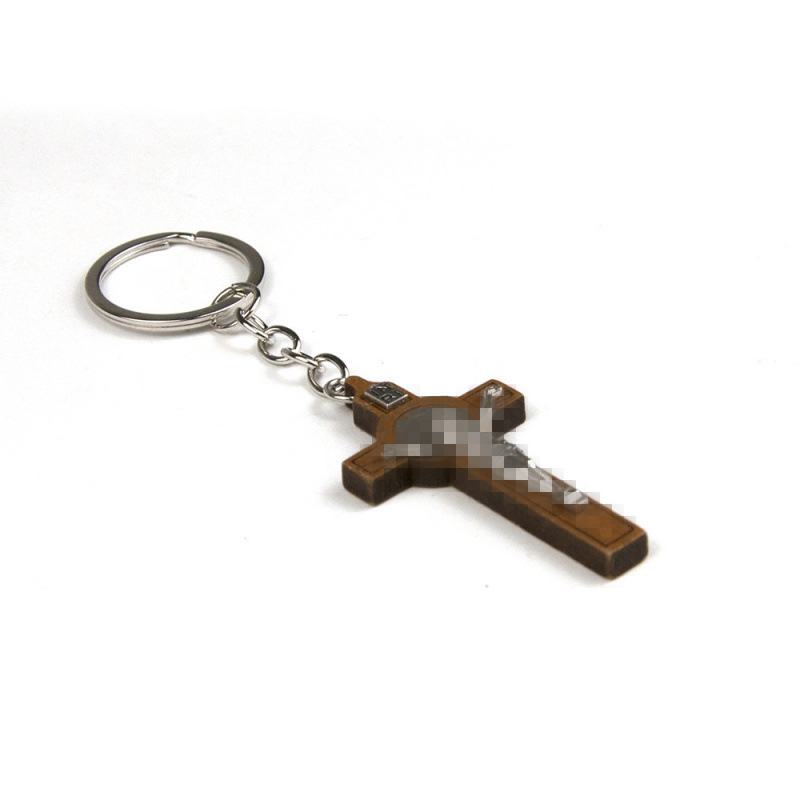 Cross-Shaped Wooden Pendant Keychain, Wholesale Zinc Alloy Key Rings, Cross-Border Jewelry Wholesale