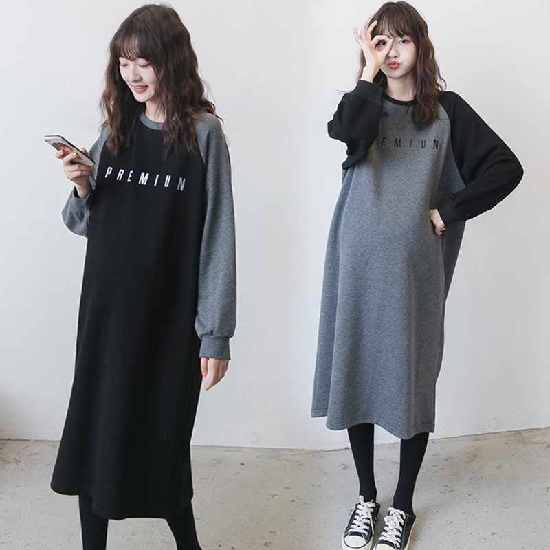 Maternity Autumn Sweatshirt, Mid-Length, Korean Style, Loose, Plus Size, Maternity Winter Clothing, Fleece-Lined, Trendy Mom Fashion Dress, Long Style