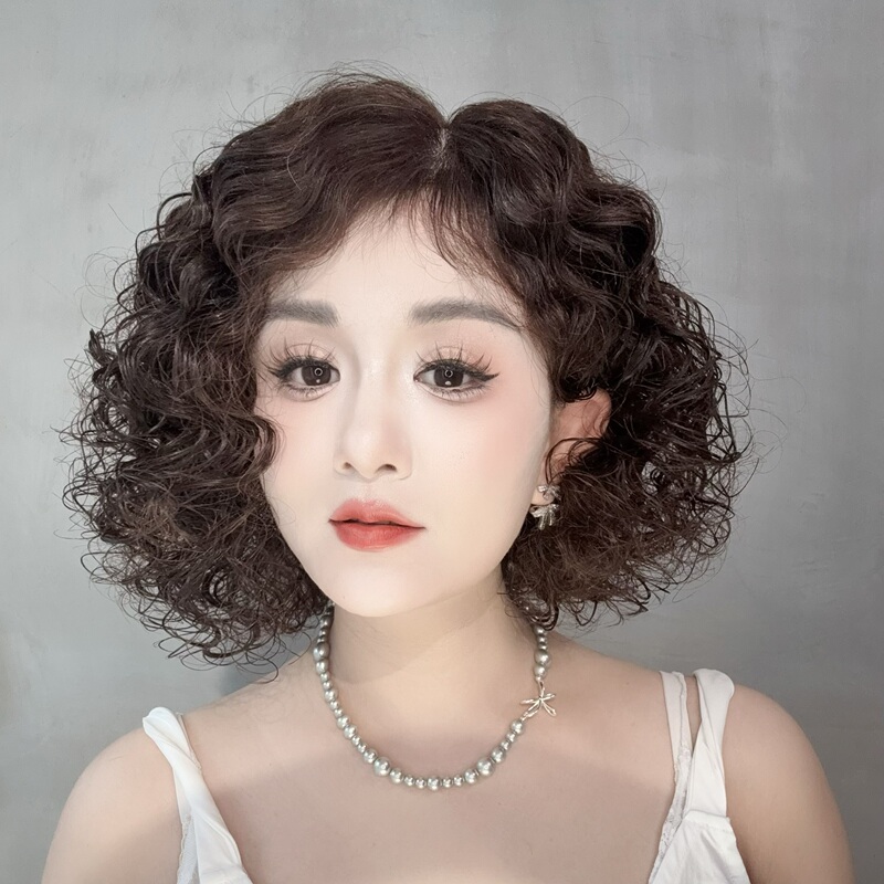 Wig Female Curly Hair Full Real Hair Headgear Natural Fluffy Middle-Aged and Elderly Full Headgear Realistic Human Hair Fashion Trendy Style