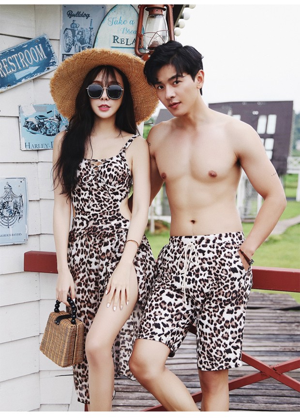 Quần da báo in hình quần đi biển phù hợp với tam giác một mảnh áo tắm nữ bảo thủ mỏng bên bờ biển khu nghỉ mát 	đồ đôi gia đình đi biển