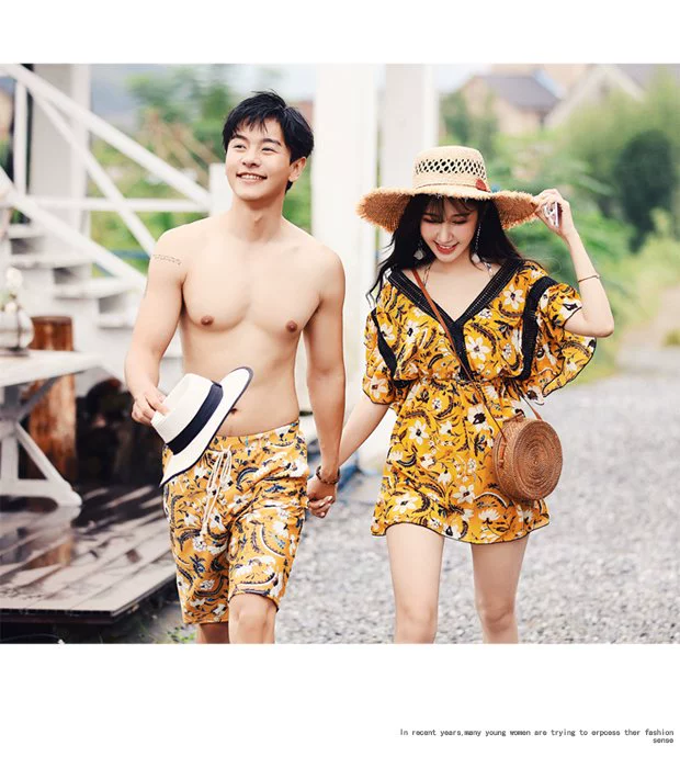 Cặp đôi đồ bơi nữ bikini mới ba mảnh bảo thủ che bụng đi nghỉ mát bên bờ biển quần nam áo tắm nóng bỏng 	đồ đi biển đôi	